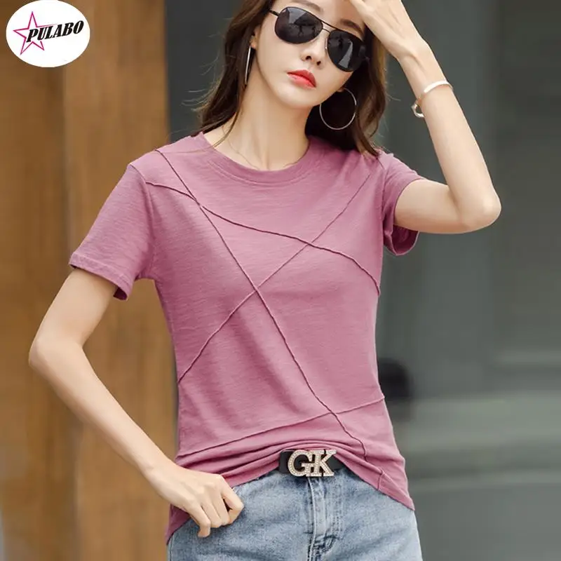 PULABO Tees Summer Slim Cotton Bamboo T-Shirts Women O-Neck Short Sleeve Ribbed Tshirts Female Casual Solid Color Tops y2k