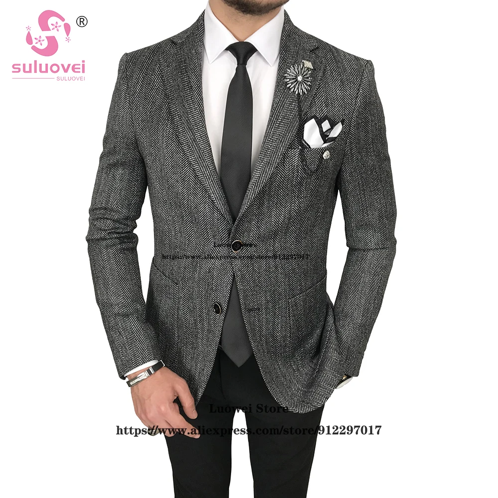 Mode Fischgräten Tweed Anzüge Für Männer Wolle Slim Fit 2 Stück Jacke Hosen Gesetzt Männliche Business Blazer Formale Bräutigam Hochzeit smoking