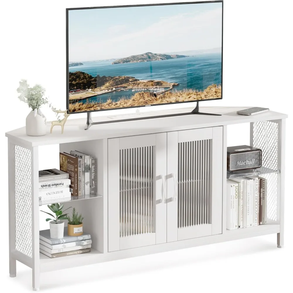 

TV Stand with Glass Storage Cabinets and Power Outlet, White TV Stand for 32/45/55 inch TVs, Entertainment Center with LED Light