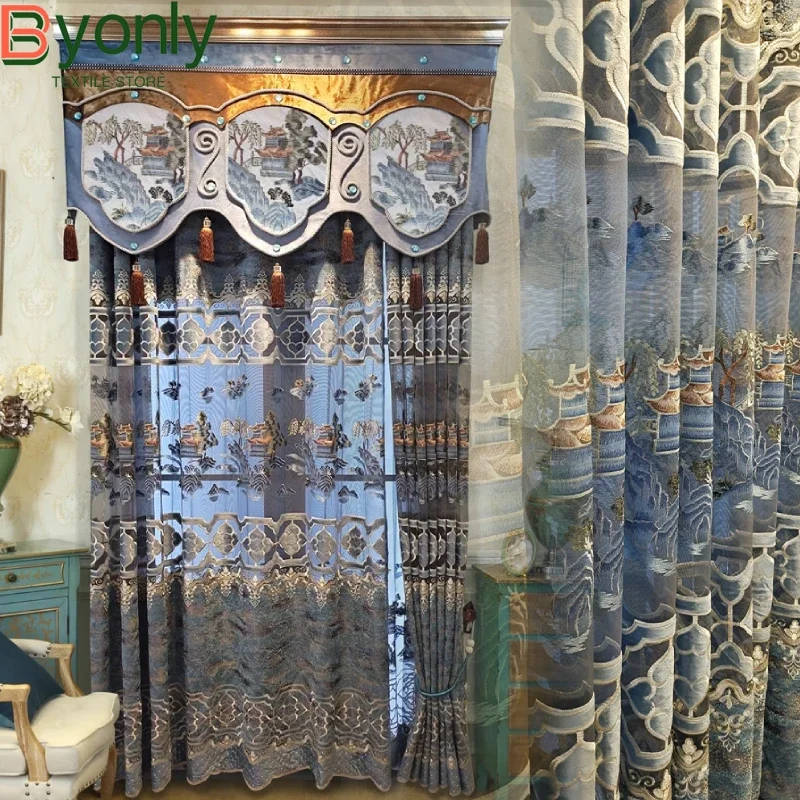 

New Chinese High-end Blue Gray Hollow Out Embroidery Chenille Living Room Embroidered Curtain Balcony Study Floor Screen Curtain