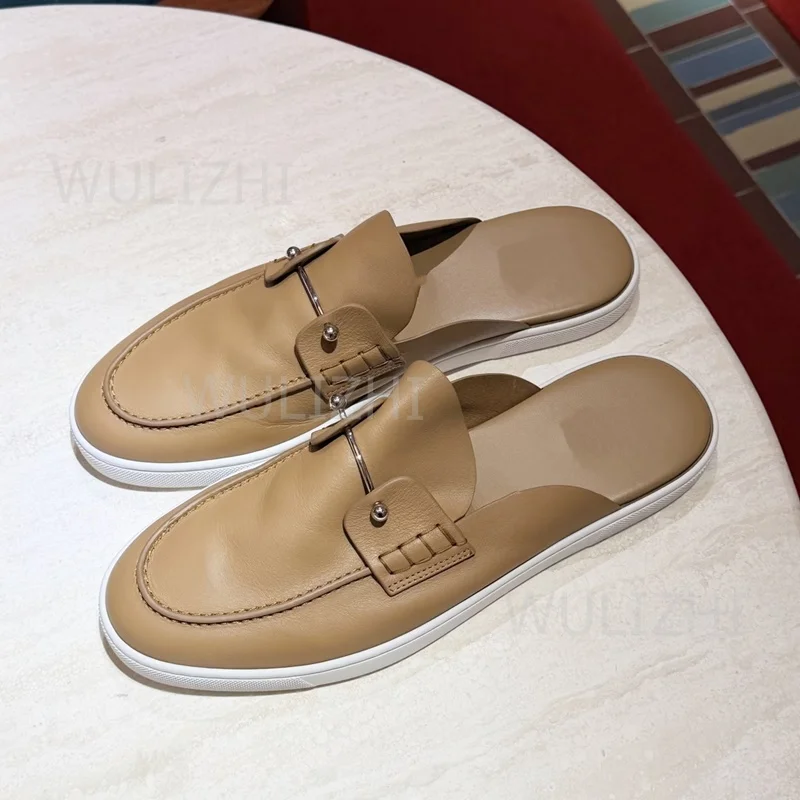

Light Brown Khaki Metal Buckle Men Slippers Black Matte Leather Flat Sandals Summer Gentleman Outdoor Loafers Solid Casual Shoes