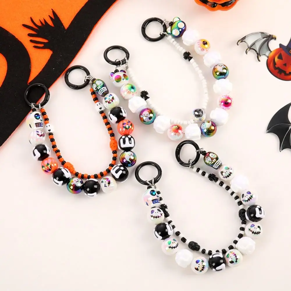 Funny Creative Halloween Phone Lanyard Hand-painted Anti-lost Bag Charm Rope Double Chains Acrylic Beaded Pendant