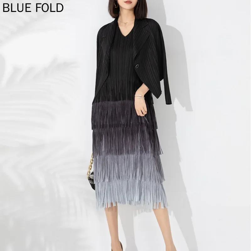 MIYAKE PLEATS Autumn and Winter Women's Fashion Suit Large Size Gradient Color Inner Fringed Dress Blazer Two-piece Set Elegant