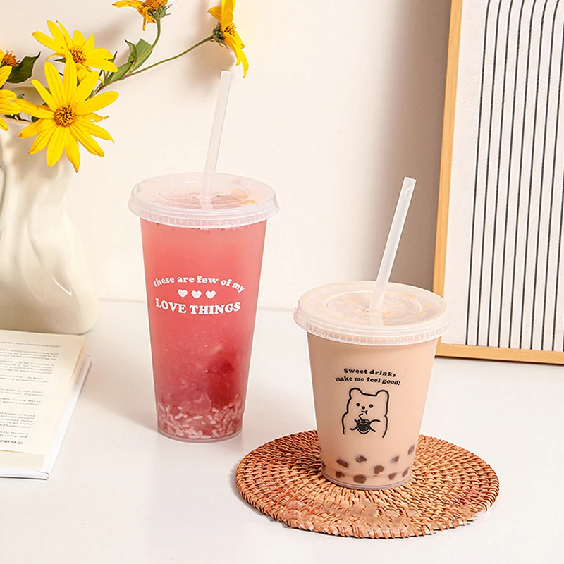 Kawaii Water Bottle For Coffee Juice Milk Tea Cute Plastic Cold Cups With Straw Lid Portable Reusable Drinking Bottle BPA Free