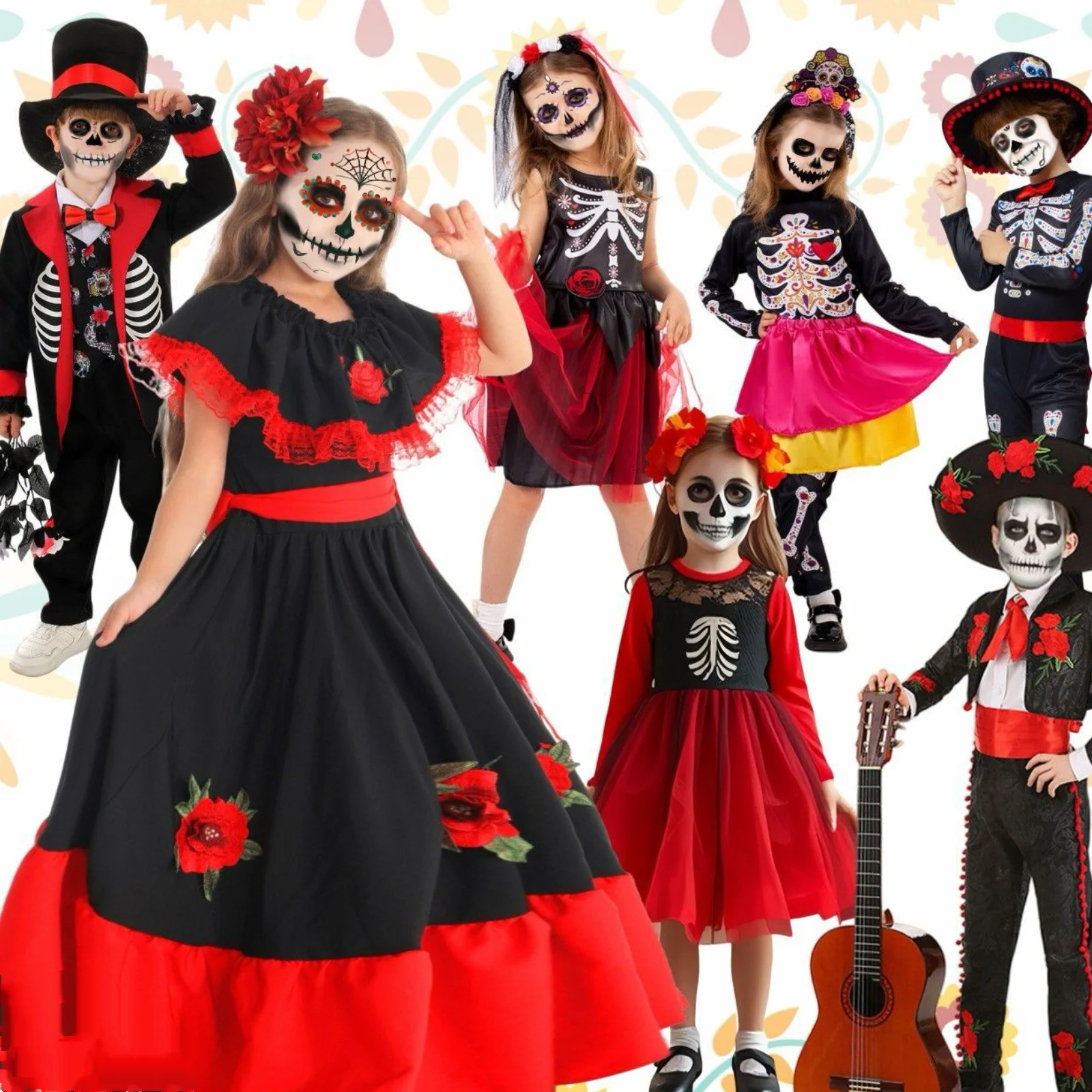 

Костюмы со скелетами на Хэллоуин для мальчиков и девочек, детский день, комбинезоны для выступлений, нарядная одежда с принтом розы и черепа, платье