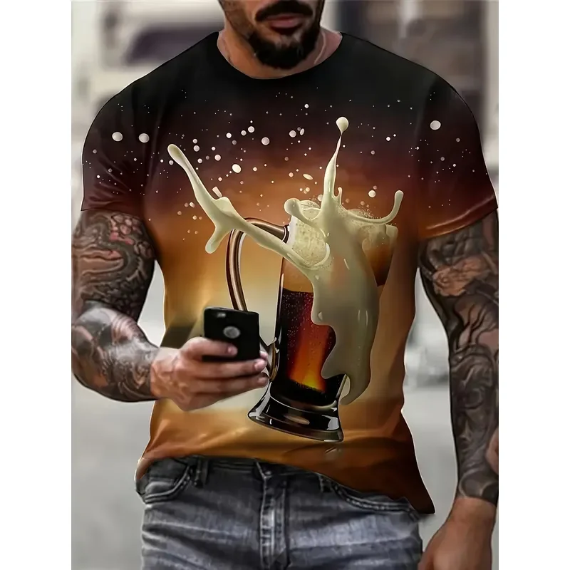 2026 Men's Short Sleeve Crew Neck T-Shirt with Gradient Color Beer Graphic Print for Summer Vacation and Outdoor Casual Wear
