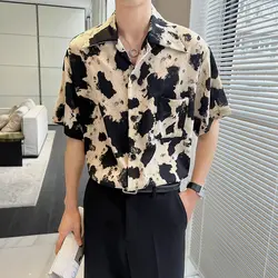 세련된 빈티지 프린트 셔츠, 캐주얼 루즈 남성 의류, 턴다운 칼라, 일본 스타일 포켓 접합 반팔 셔츠, 여름