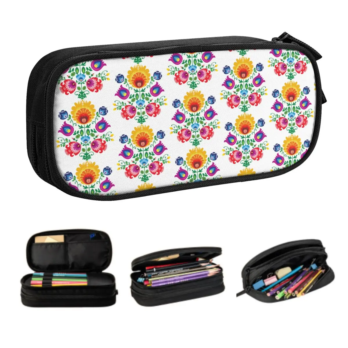 Custom Poland Folk Floral Pencil Case for Girls Boys Big Capacity Polish Floral Art Pen Bag Box School Accessories