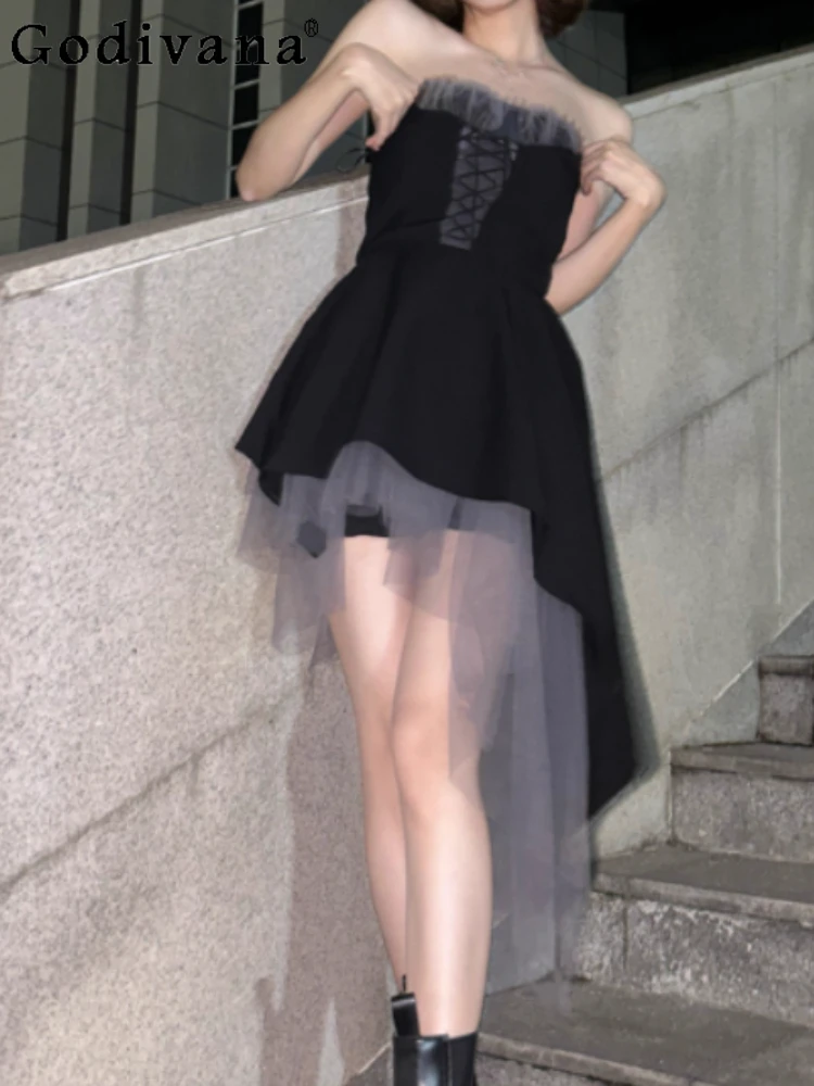 

Summer Heavy Industry Chic Gray Purple Gauze Romantic Strapless Dress Girl High Waist A-line Fashion Versatile Irregular Dresses