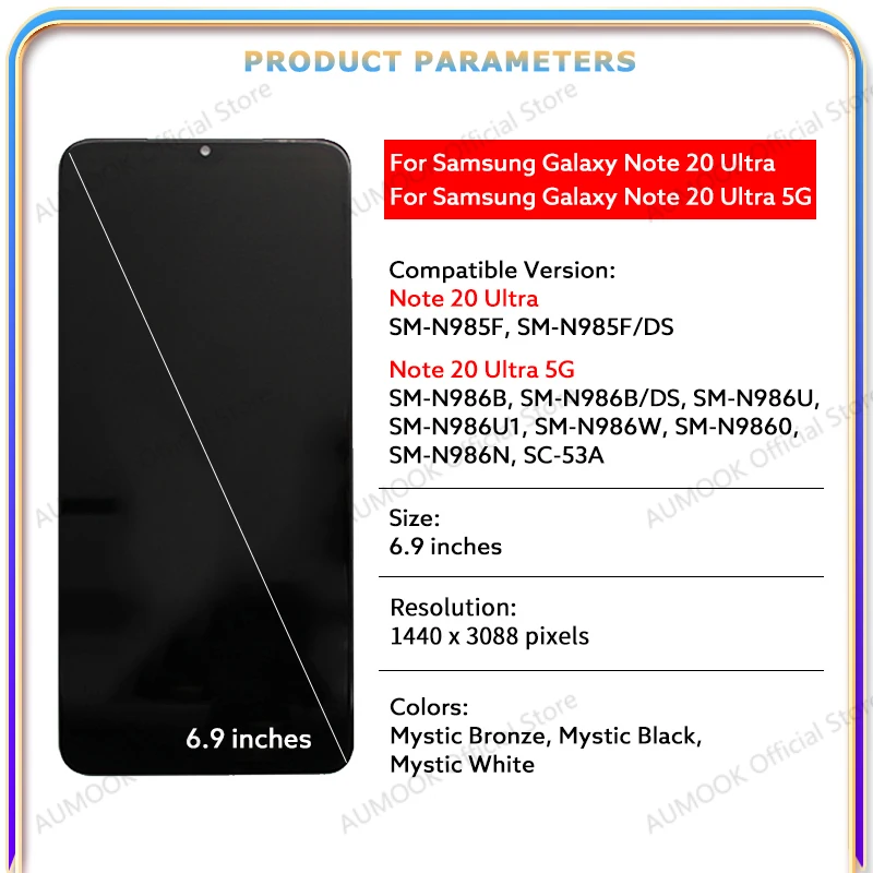 LCD Display For Samsung Galaxy Note 20 Ultra 4G 5G N985F N986B N986U N986W N986N LCD Touch Screen Digitizer Assembly With Frame