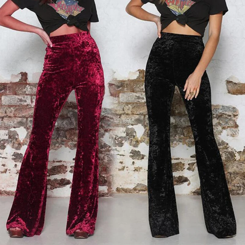 Vintage Velvet Long Flare Pants Women Korean Streetwear Sexy High Waist Trousers Lady Casual Velour Red Black Bell Bottom Pants