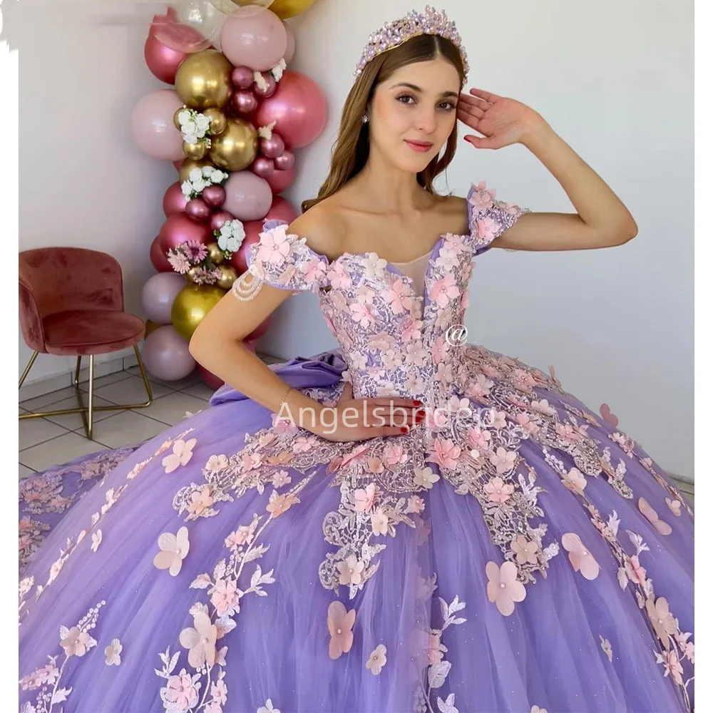 Angelsbridep Customized Lavender Ball Gown 15 Year Quinceanera Dress 2025 Pink 3D Flora Evening Dresses Vestidos De Fiesta