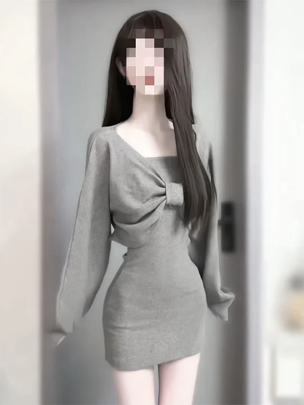 

French Style Knitted Sweater And Short Skirt Set Shoulder Bared Knot Design High Waist Warm Long Sleeve Bodycon Dress