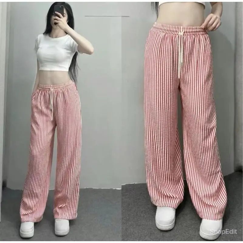 XIZOU Trendy Lazy Sle Striped Drapey Casual Pants Women High Waist Versatile Thin Straight Long Summer Pants Commute Wide Leg