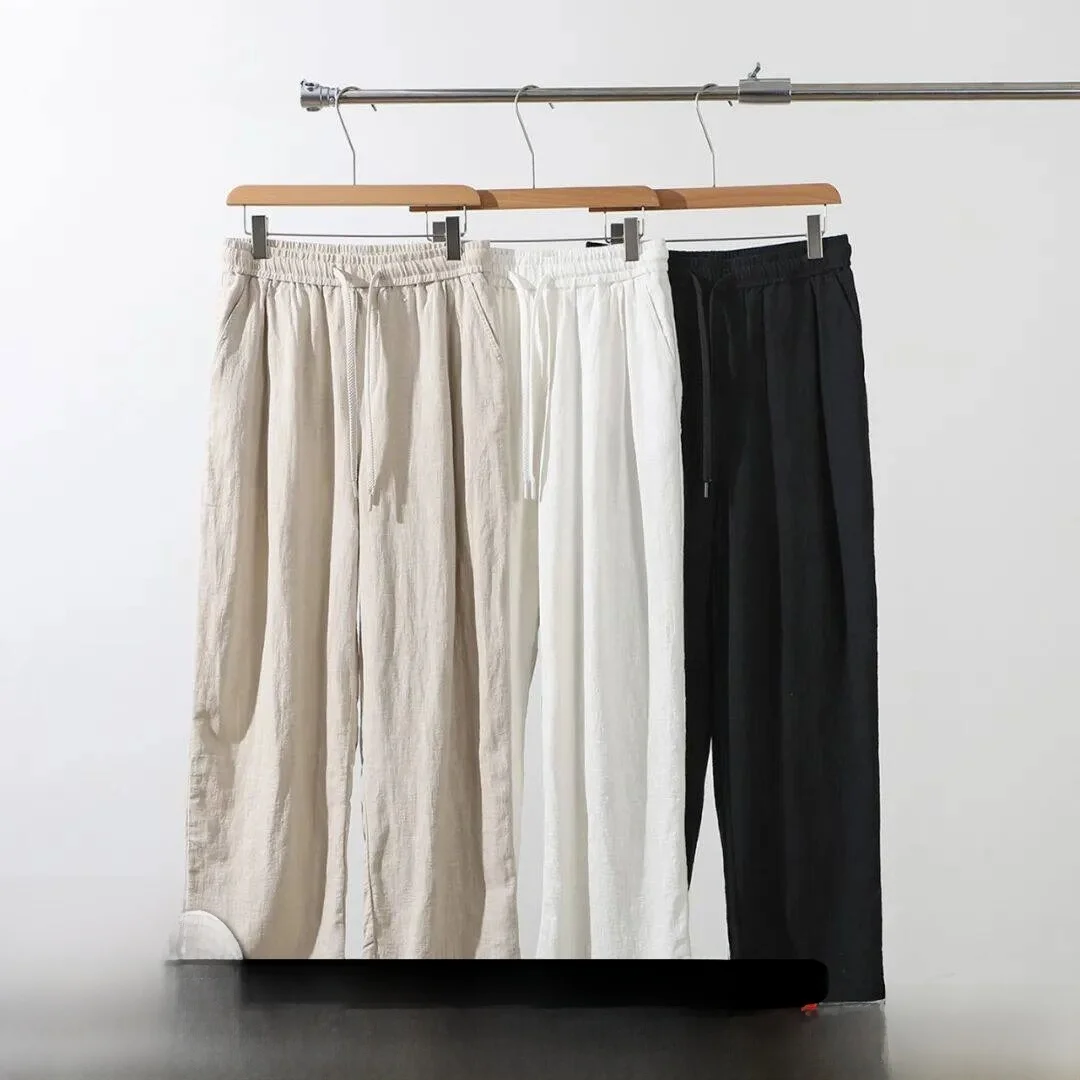 

Мужские повседневные брюки прямого кроя из льняной хлопковой смеси с естественной текстурой, модные брюки прямого кроя для молодежи на весну и лето