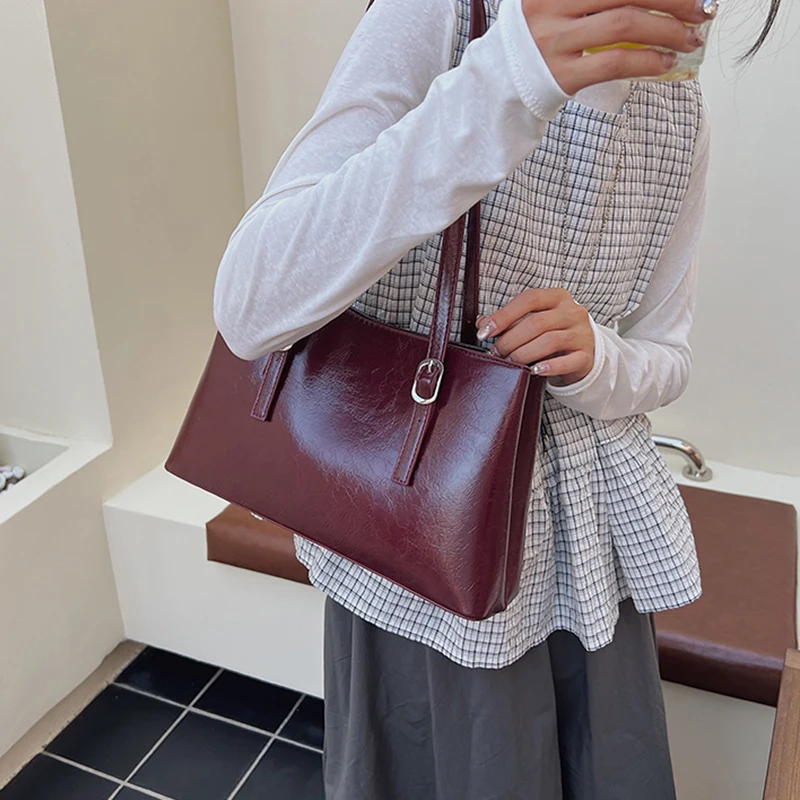 

Korean Style Texture Underarm Bags Women Retro Pu Leather Large Capacity Commuting One Shoulder Bag Simple Handle Tote Bags