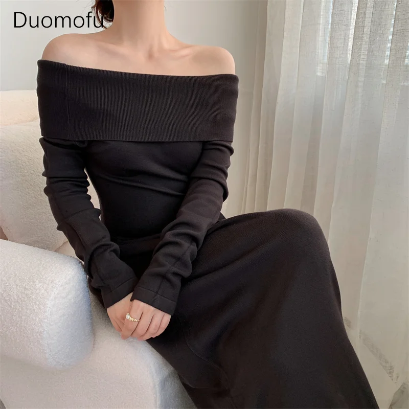 Duomofu French Elegant Beige Midi Knit One-piece Dress Women Korean Style Vintage Folds Slash Neck Long Sleeve Corset Dresses