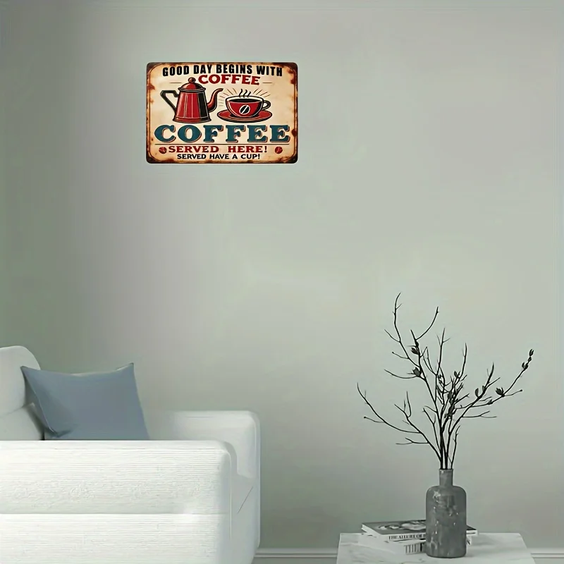 Tanda Logam Aluminium Bertema Kopi Antik - "Hari Baik Dimulai Dengan Kopi" untuk Dapur, Rumah, Bar, Dekorasi Kafe - 12x8 Inci