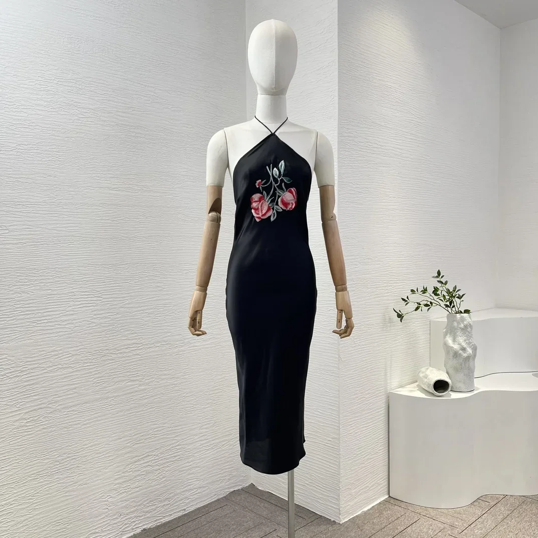 

2024 New Style Sexy Silk Women Black Sleeveless Rose Flower Embroidery Halter Hollow Out Backless Midi Dress for Lady Female