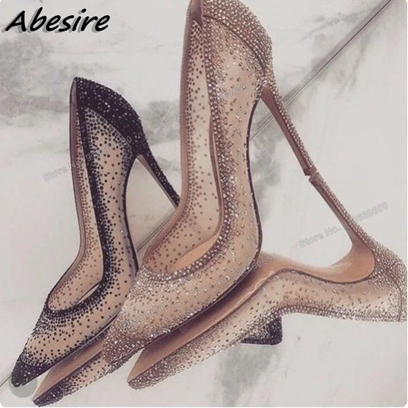 Abesire Beige Black Crystal Pumps Shallow Stilettos Pumps Thin High Heels Women Summer Spring Fashion Party Sexy Shoes on Heels