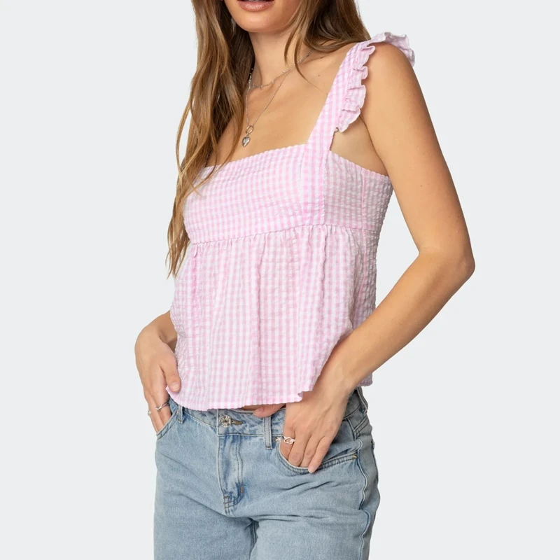 

Женские летние укороченные топы Babydoll с завязками на спине, стильные клетчатые свободные майки с рюшами и квадратным вырезом, летящими рукавами