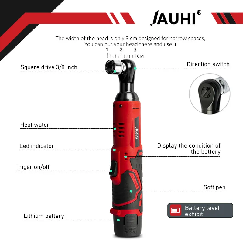 JAUHI 12V Rechargeable Cordless Electric Wrench 3/8'' Ratchet Wrench Removal Screw Nut Car Repair Tools Right Angle Wrench