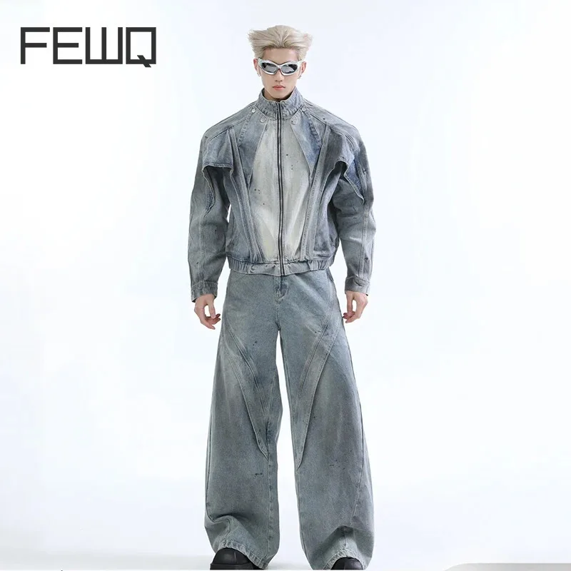 FEWQ Niche Stand Up Collar Zipper Jacket High Street Loose Jeans Set 2024 Vintage Autumn Winter Darkwear Male Sets 24E2230