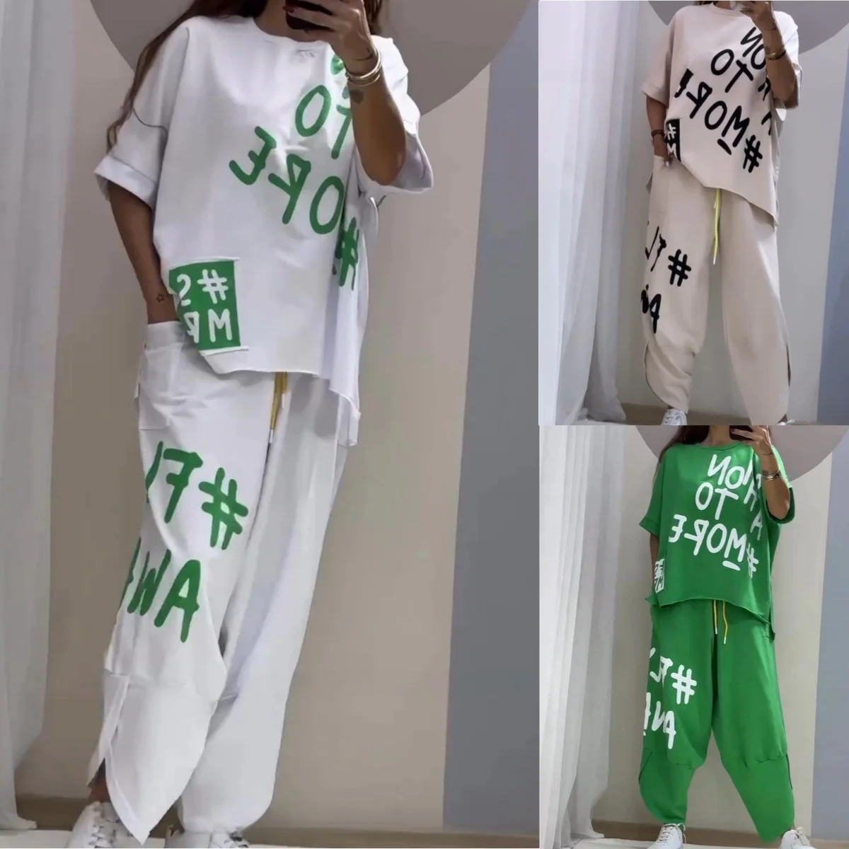 Summer Fashion Letter Print Two Piece Set Women Casual Loose Sporty Style Tshirt Drawstring Sports Pants Two Piece Suit Women