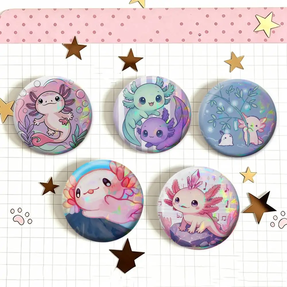 C-Cute Pink Axolotl Cartoon   Laser Badge Creative Pins Brooch for Bag Clothes Hat Decor Gifts Fans Collect