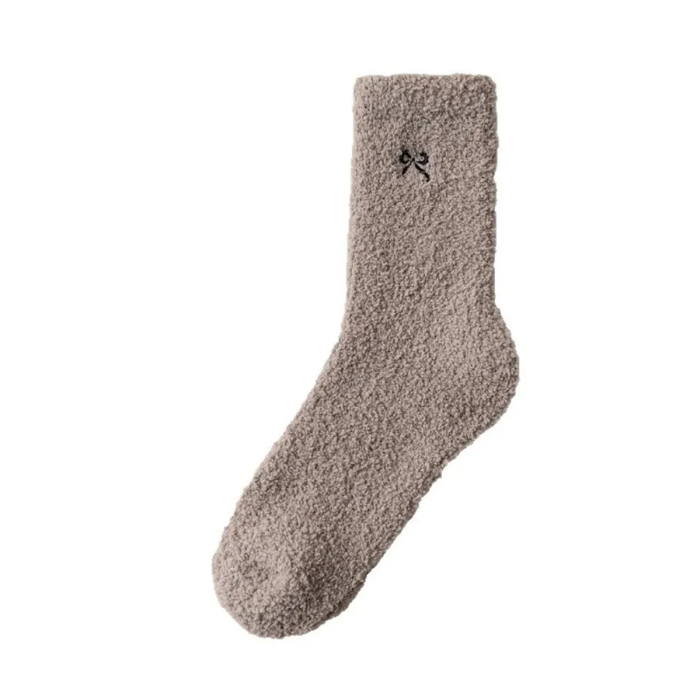 

Autumn Winter Warm Floor Socks Bowknot Embroidered Sleep Socks Soft Cartoon Mid-tube Stockings Women