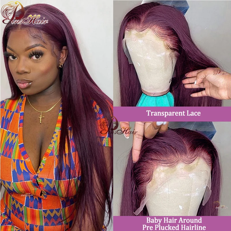 Burgundy Straight Lace Front Human Hair Wigs Pre Plucked 13x4 Transparent Lace Frontal Wig 99J Cherry Red Remy Human Hair 180%