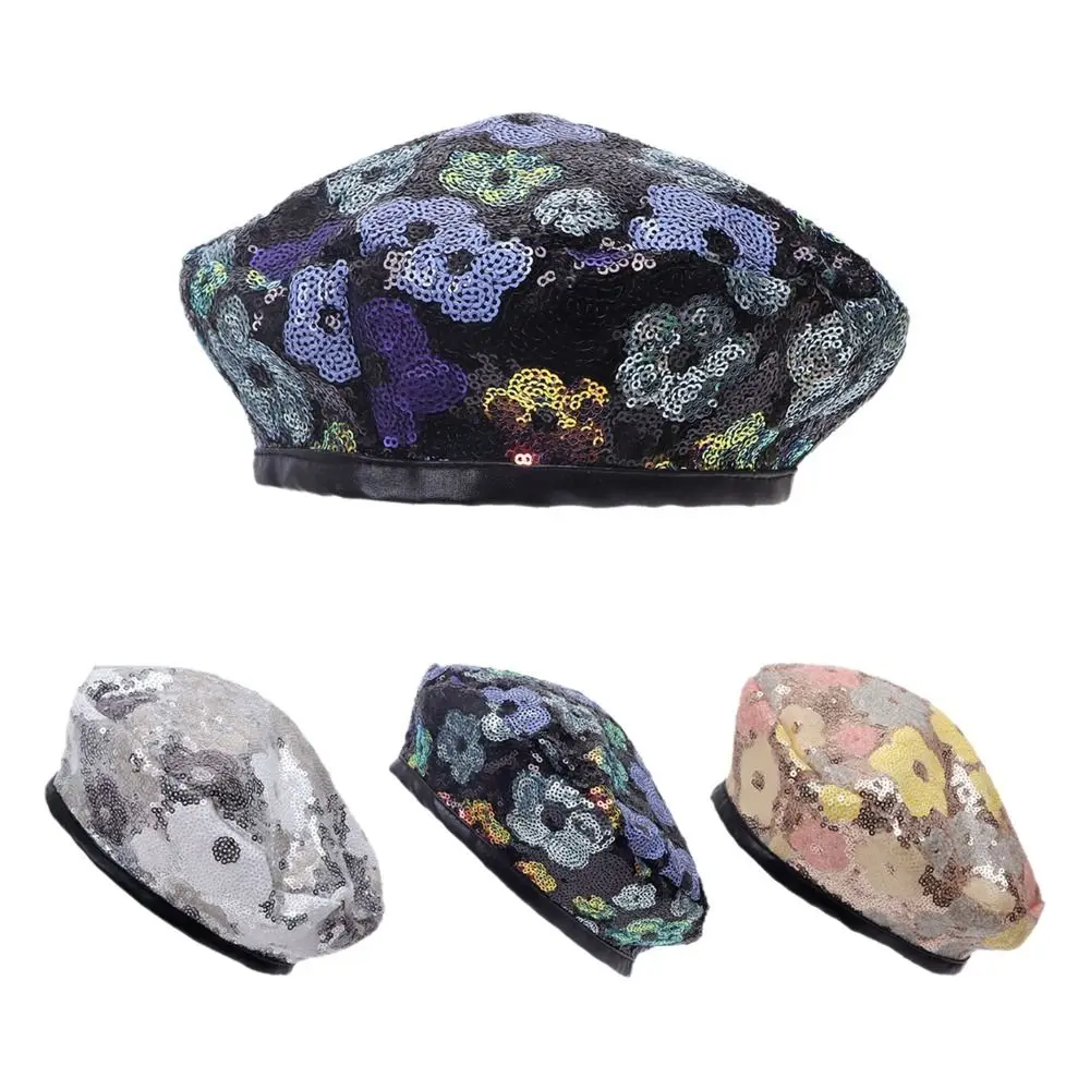 Fashion Flower Pattern Sequin Beret Hat Glitter Soft Lining French Beret Painter Cap Stage Costume