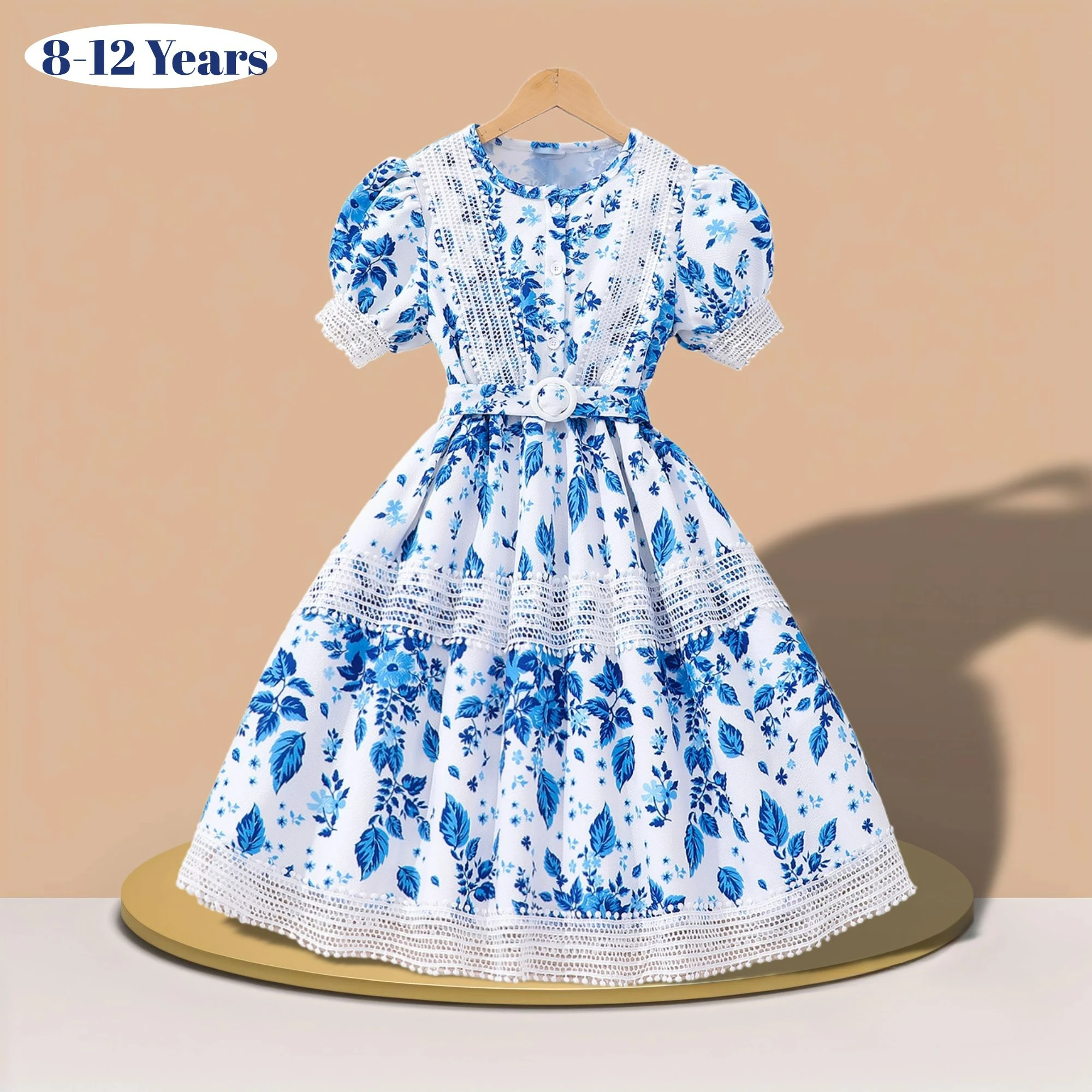 Blue Lace Children Dress Girls Party Dresses Summer KIds Short Sleeve Belt Elegant Casual Retro 8 9 10 11 12 Years Old