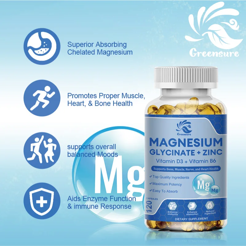 Greensure 60/120 Pcs Magnesium Glycine Capsules 500mg Dietary Supplement with Zinc,Vitamin D3 B6 Non-GMO Veggie Capsules