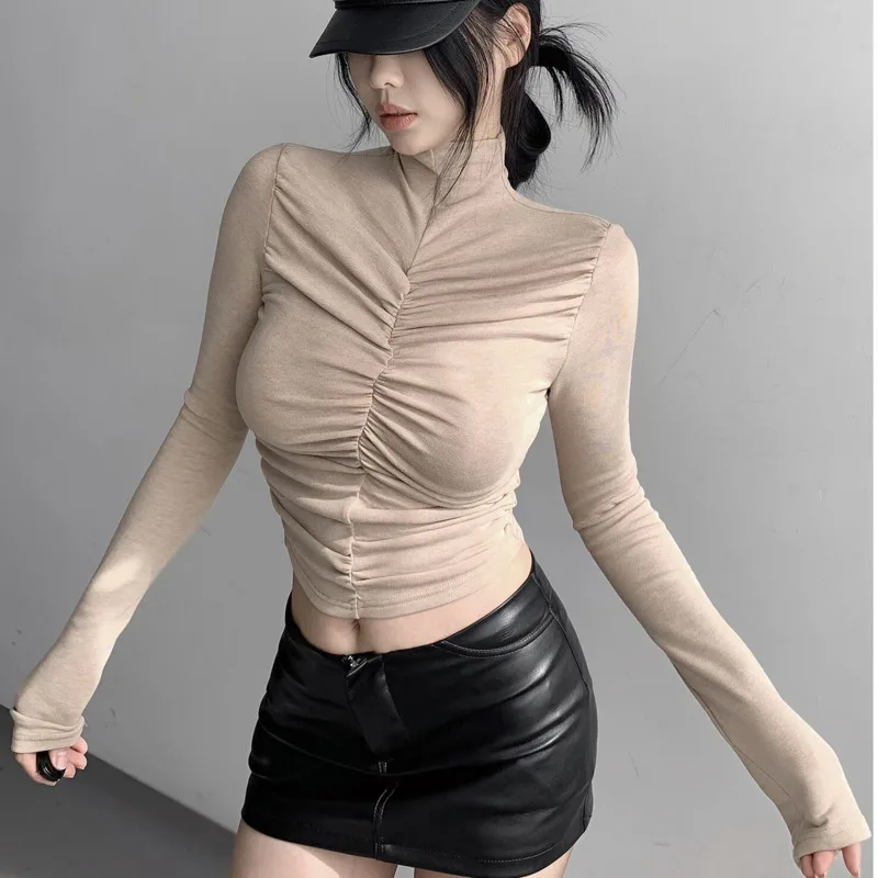 

2024 Autumn/Winter New High Collar Velvet T-shirt Women Pleated Tight Solid Color Cinching Waist Long Sleeve Leisure Top D559