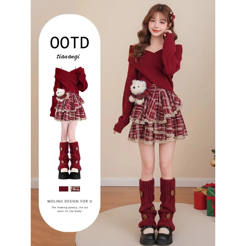 

Красный вязаный свитер Cisas Dr, женский уникальный красивый комплект 2025, новый осенне-зимний комплект, юбка V-Ne Long Sve irt