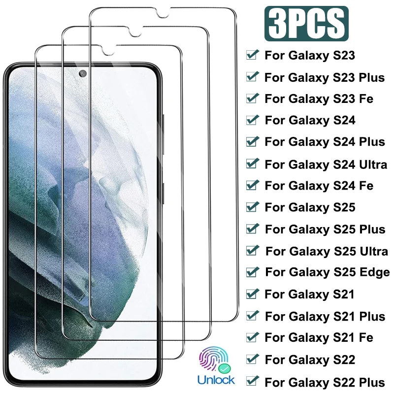 3PCS Full Cover Glass For Samsung Galaxy S21 S22 S23 Plus S21 Fe Screen Protector For Samsung S24 S25 Ultra Edge Tempered Glass