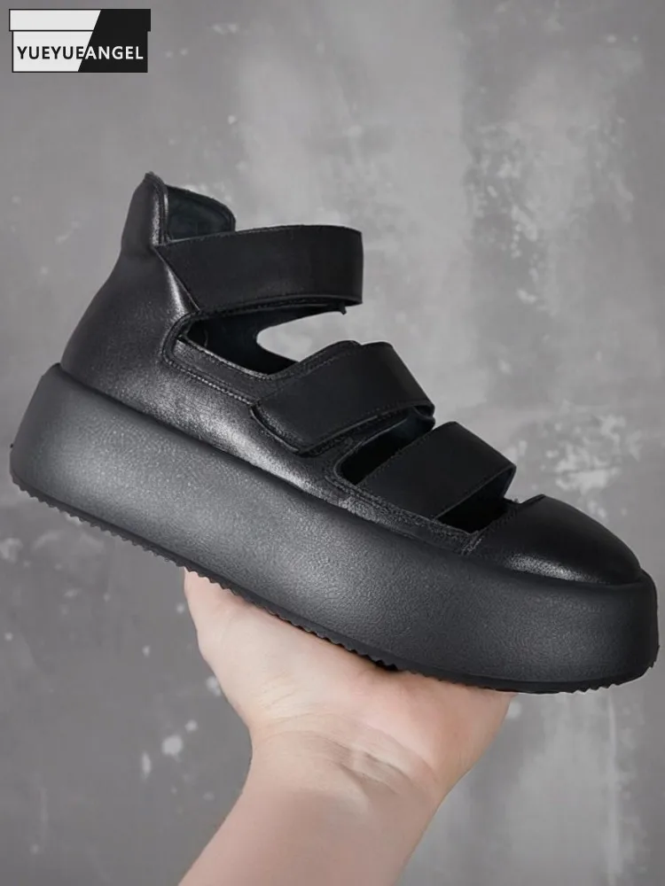 Summer Platform Close Toe Genuine Leather Breathable Sandals Leisure Solid Color Cowhide Hook Loop Height Increase Men Gladiator