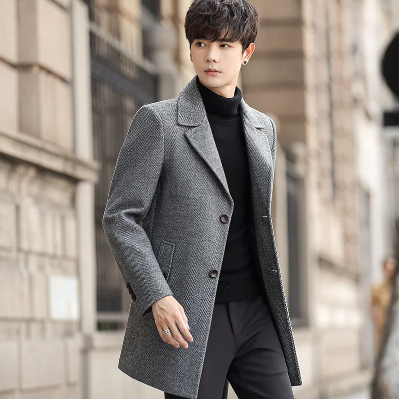 Men's Woolen Jacket Autumn Winter Suit Collar Coat Mens Cashmere Windbreaker Man Overcoat Trench Men Casual Blazer New