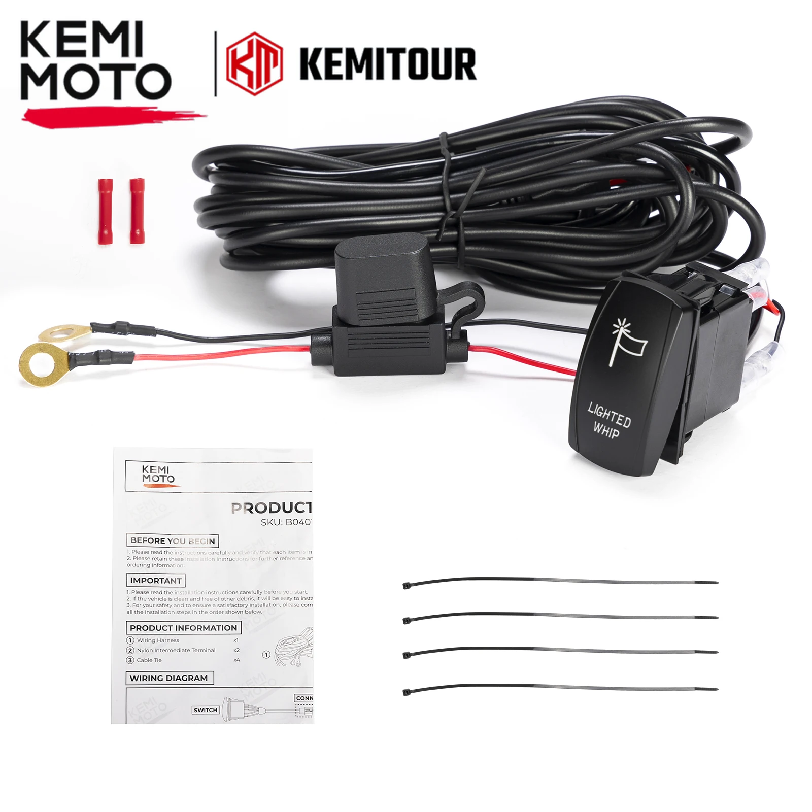 

UTV LED Whip Light Switch Harness with Rocker Switch Compatible with All UTVs/ ATVs/ SUVs/ Trucks/ Motocycles with 12V Batteries