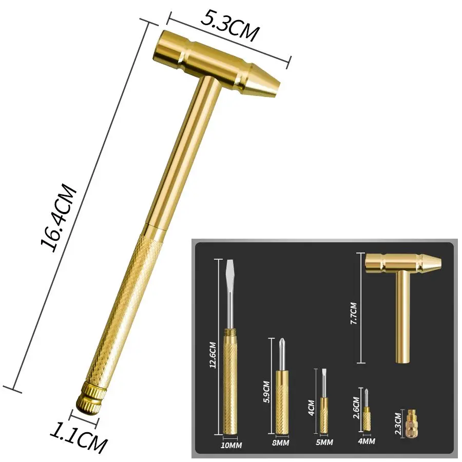 

6-In-1 Mini Craft Hammer Screwdriver Set Copper Alloy Gold Detachable Micro Screwdriver Perfect Hand Tool For Diy Projects