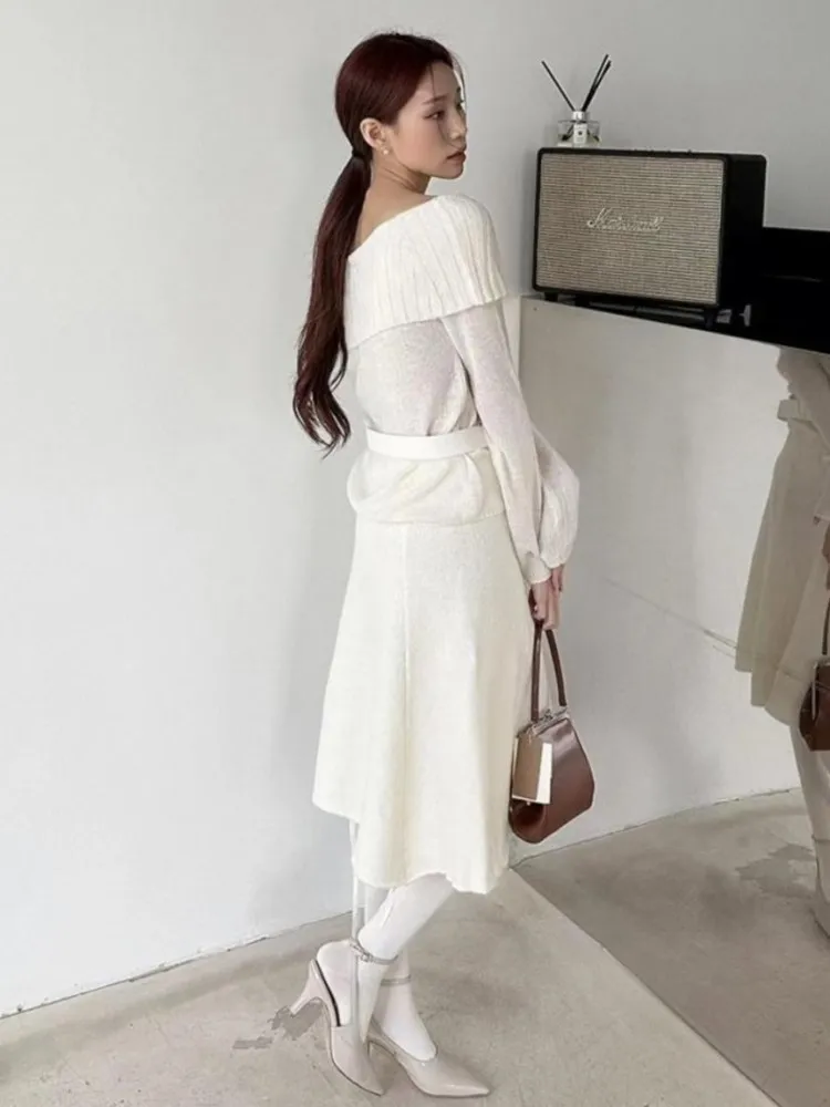 Slash Neck Knit Pullovers And High Waist Skirt Elegant Autumn Women Suit Sexy Simple Chic Sweater A-line Pleat Midi Skirt Sets