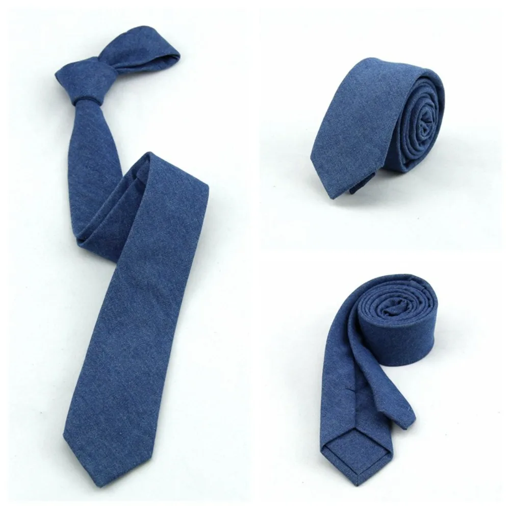 Simple Solid Color Jean Fabric Tie Narrow Adjustable Denim Men Necktie Hand Tied Blue Retro Cravat Boys