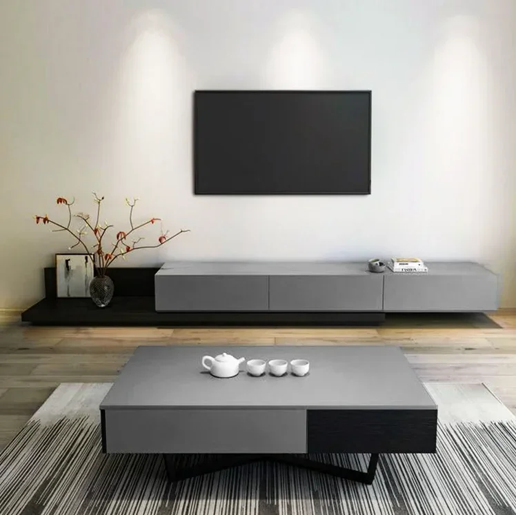 Mueble para TV de madera moderno gris y negro para mueble para TV de hasta 85 pulgadas con almacenamiento espacioso
