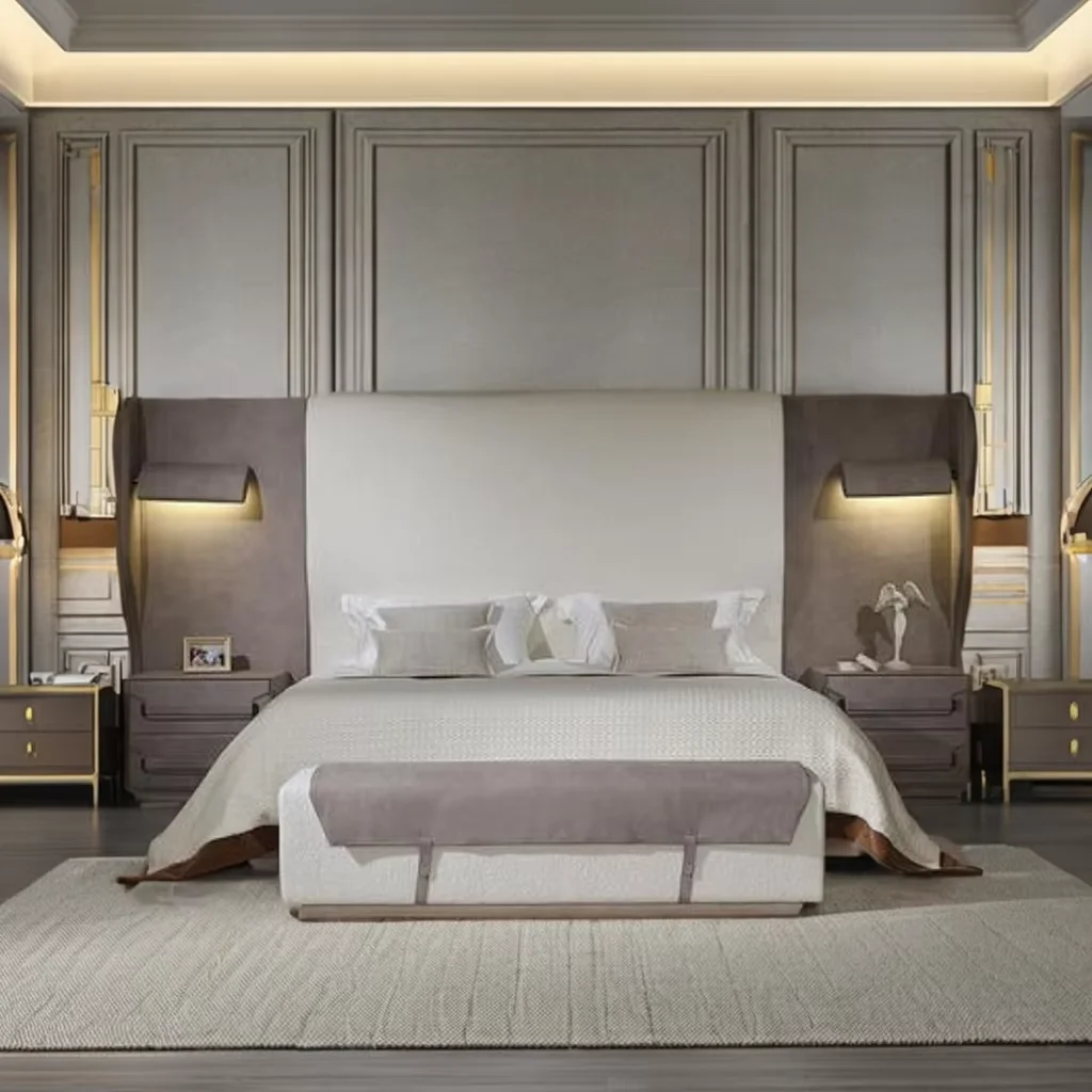 #w  Elegant Luxury Modern Bed Nubuck Leather Upholstered Wooden Bed with Reclining & Massage Features