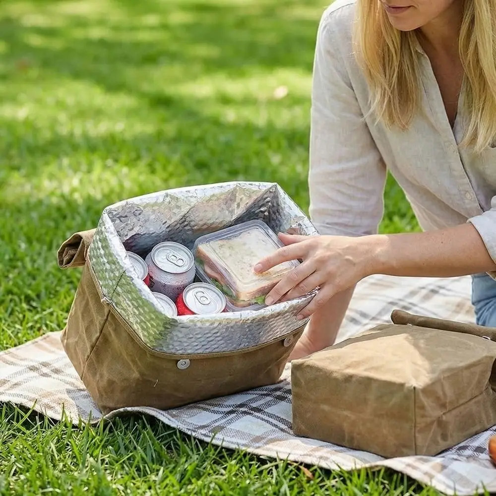 Large Capacity Waxed Canvas Lunch Bag Anti-fouling Waterproof Aluminum Foil Ice Bag Reusable Thermal Insulation