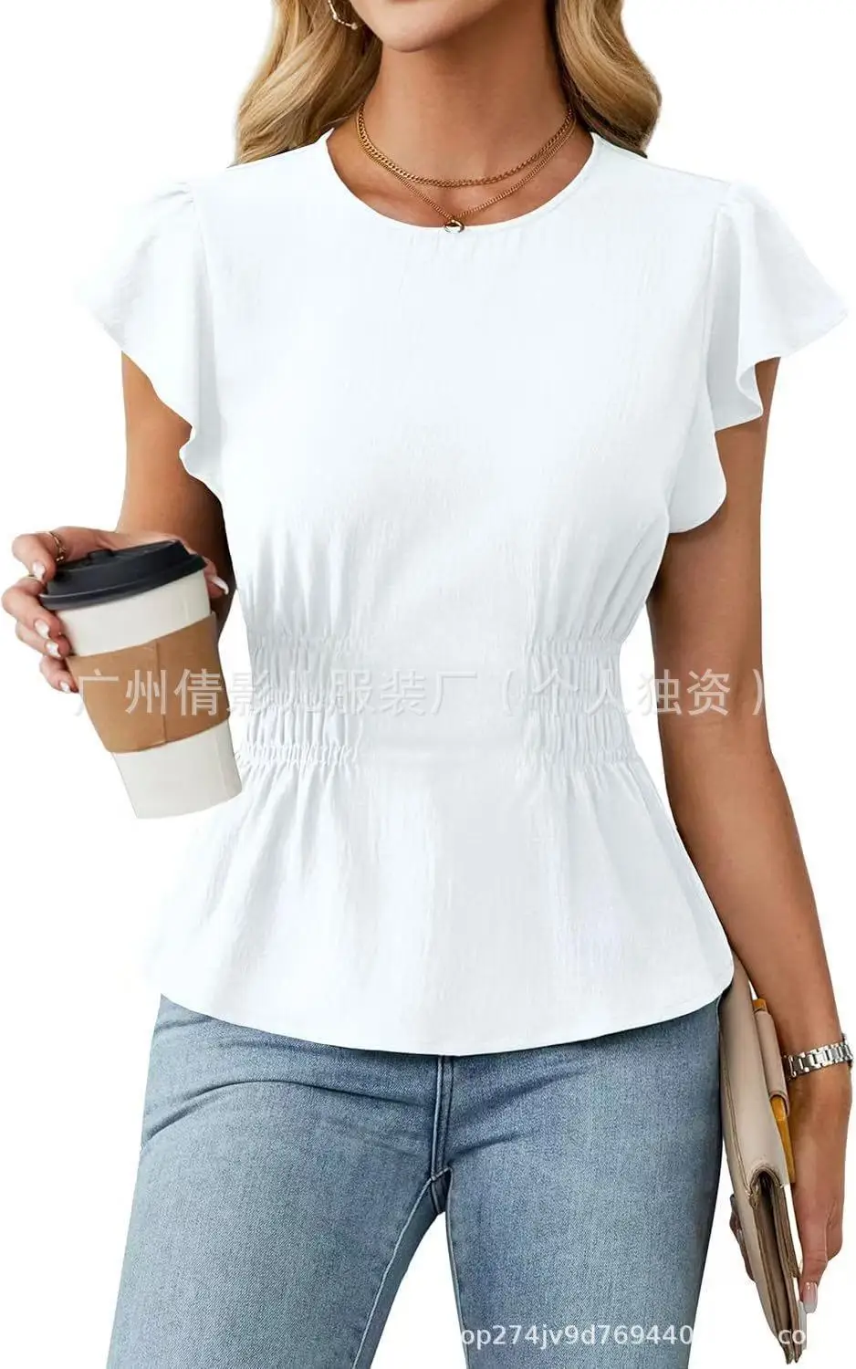 Women Ruffle Short Sleeve Blouse Round Neck Elastic Waist Peplum Tops Casual Solid Color Slim Fit Shirt view 6