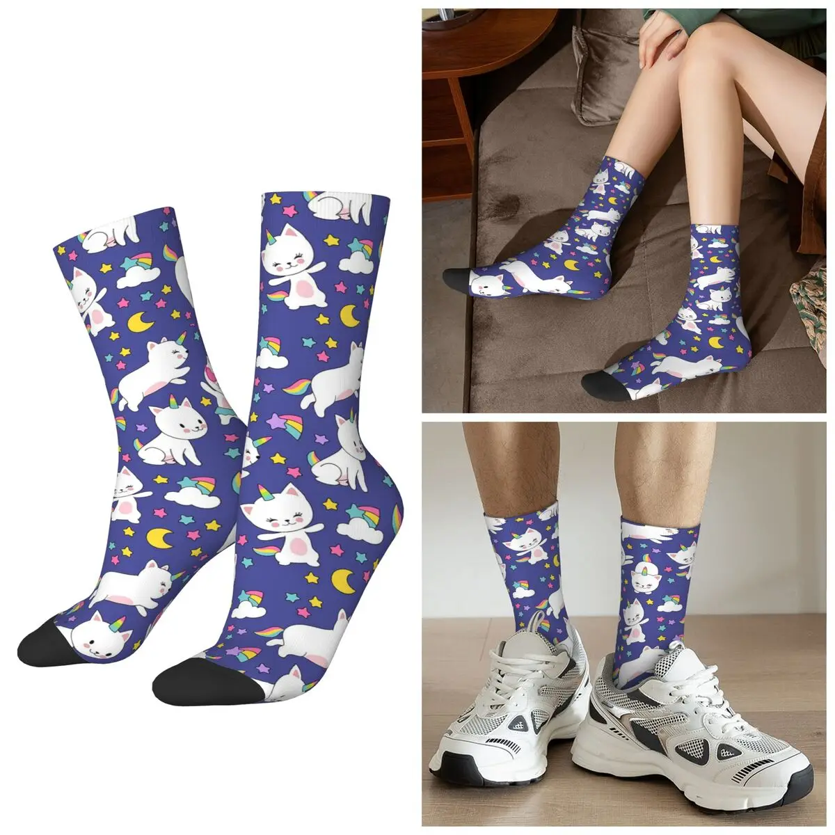 

All Seasons Cartoon Unicorn Horn Cat Socks Harajuku Sport Middle Tube Socks Sweat Absorbing Stockings for Men Women Christmas