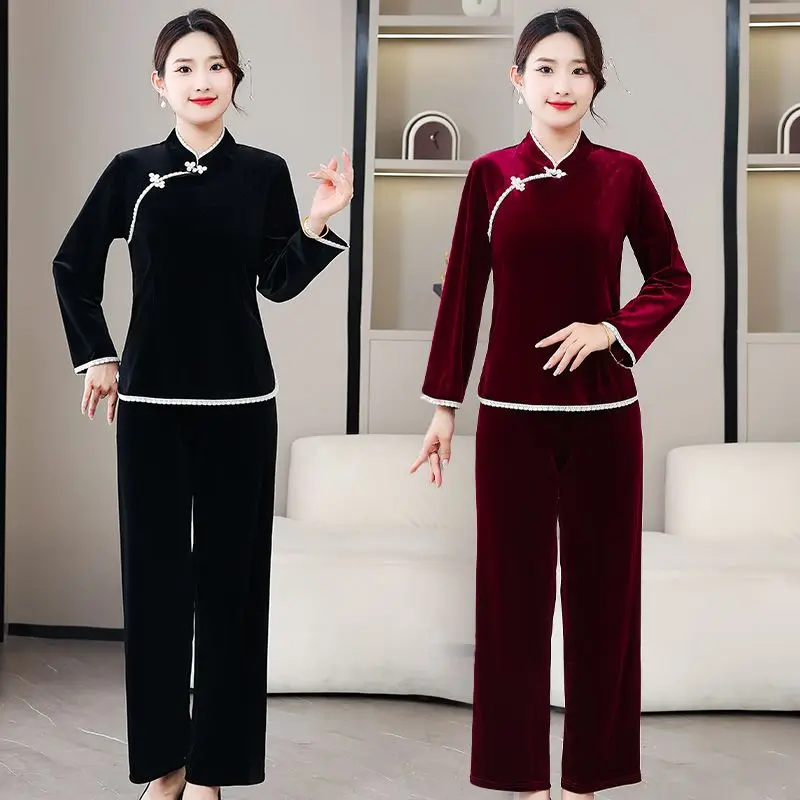 High-End Spring And Autumn New Golden Velvet Suit Female Mother Dress Fashionable And Loreign Versatile And ThinTwo-Piece Suit