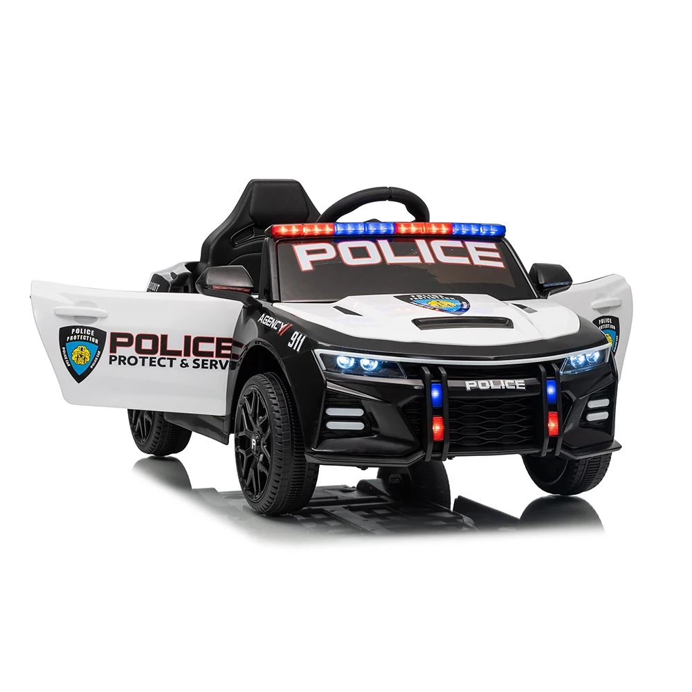 Polizeiauto-Fahrt auf Elektroauto für Kinder, Aufsitzspielzeug, Cop-Autos mit Fernbedienung, Alarmtöne, Megaphon, blinkende Lichter